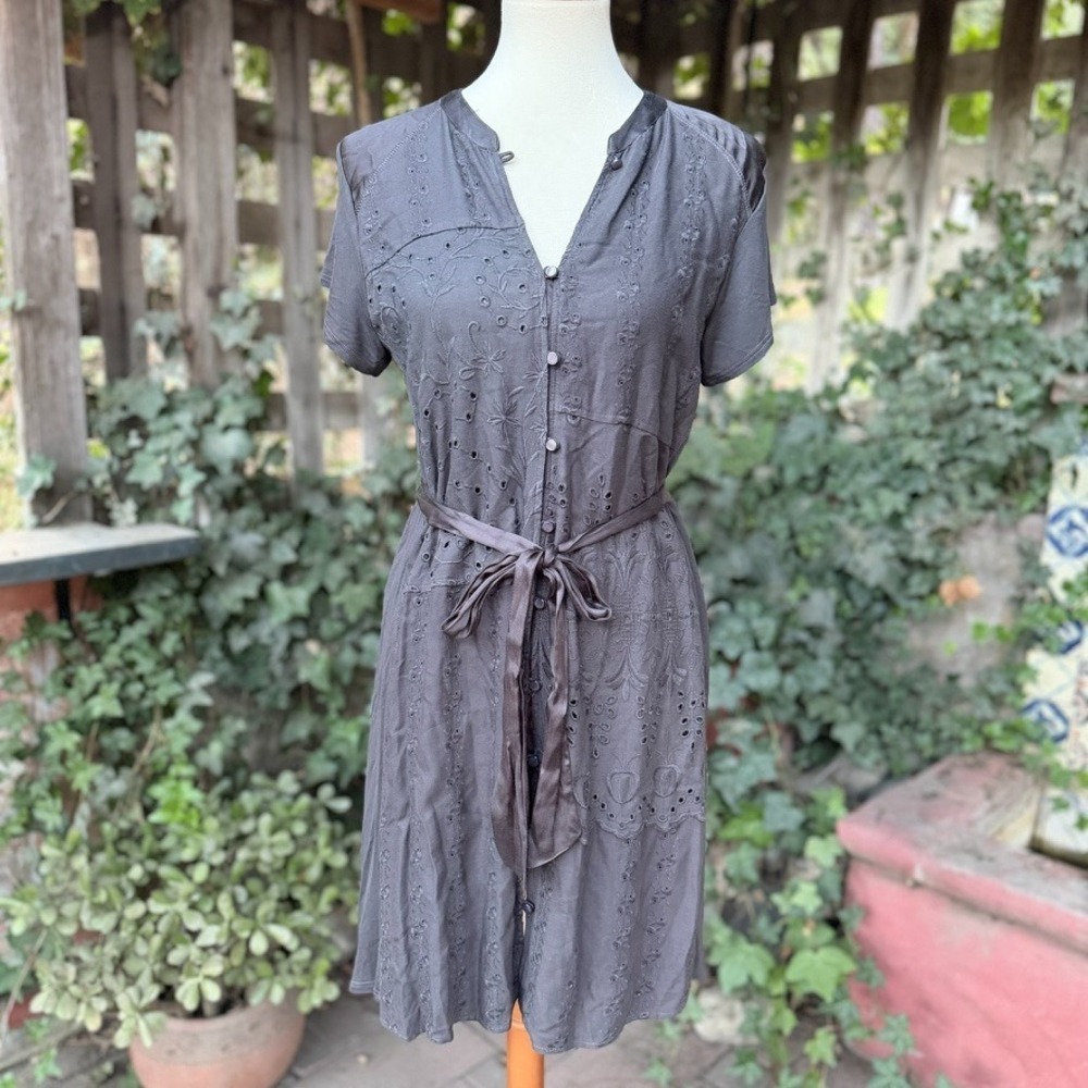 Tiny Anthropologie Shirt Dress S Gray Eyelet Embroidered Button Up Stone Harbor